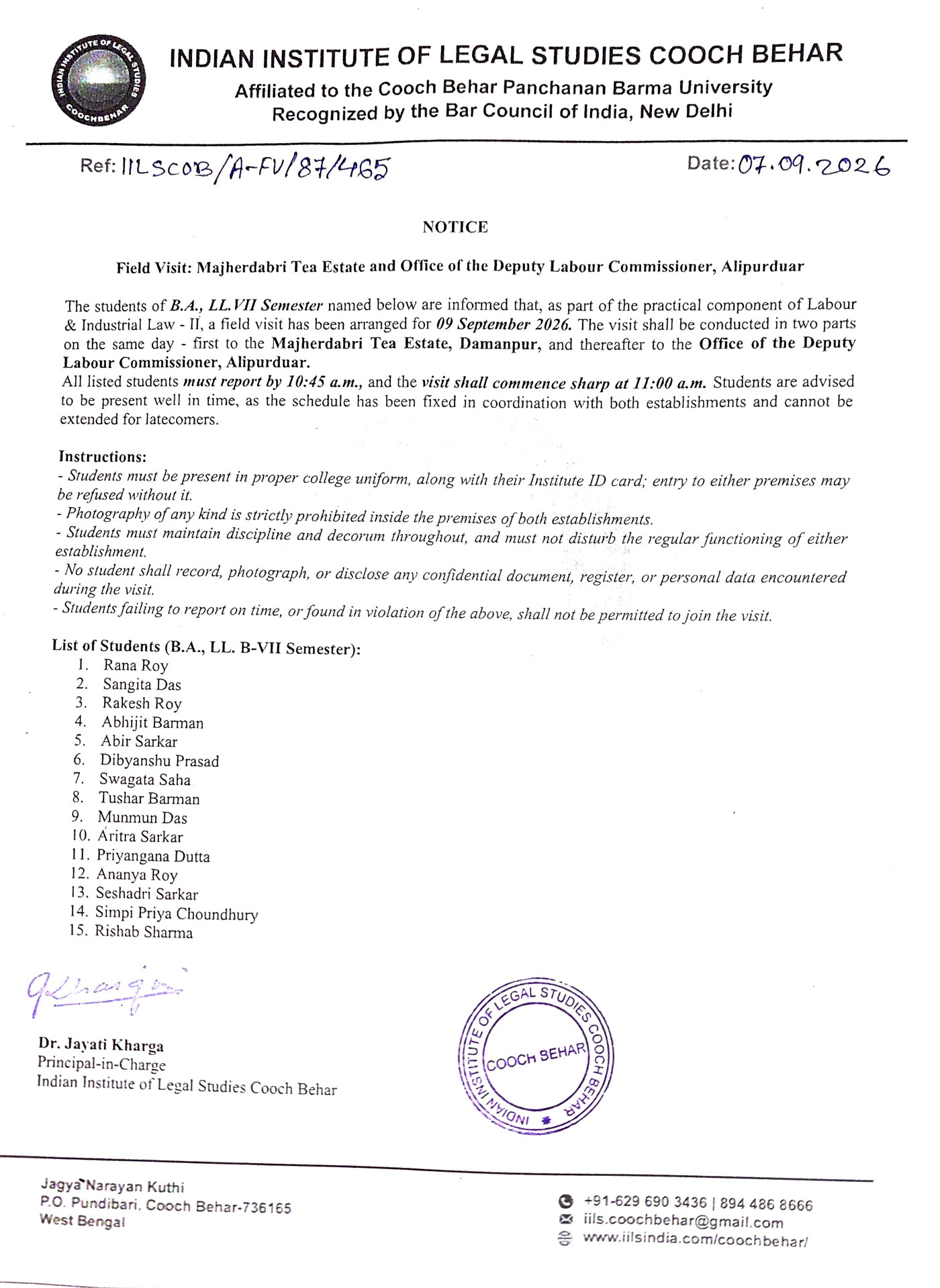 Notice for Field Visit to Majherdabri Tea Estate VII Semester